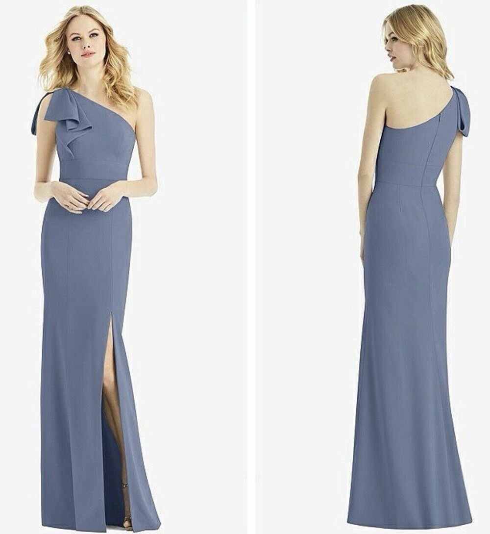 NWT AFTER SIX Size 2 Bowed One-Shoulder Crepe Trumpet Gown In Larkspur Blue